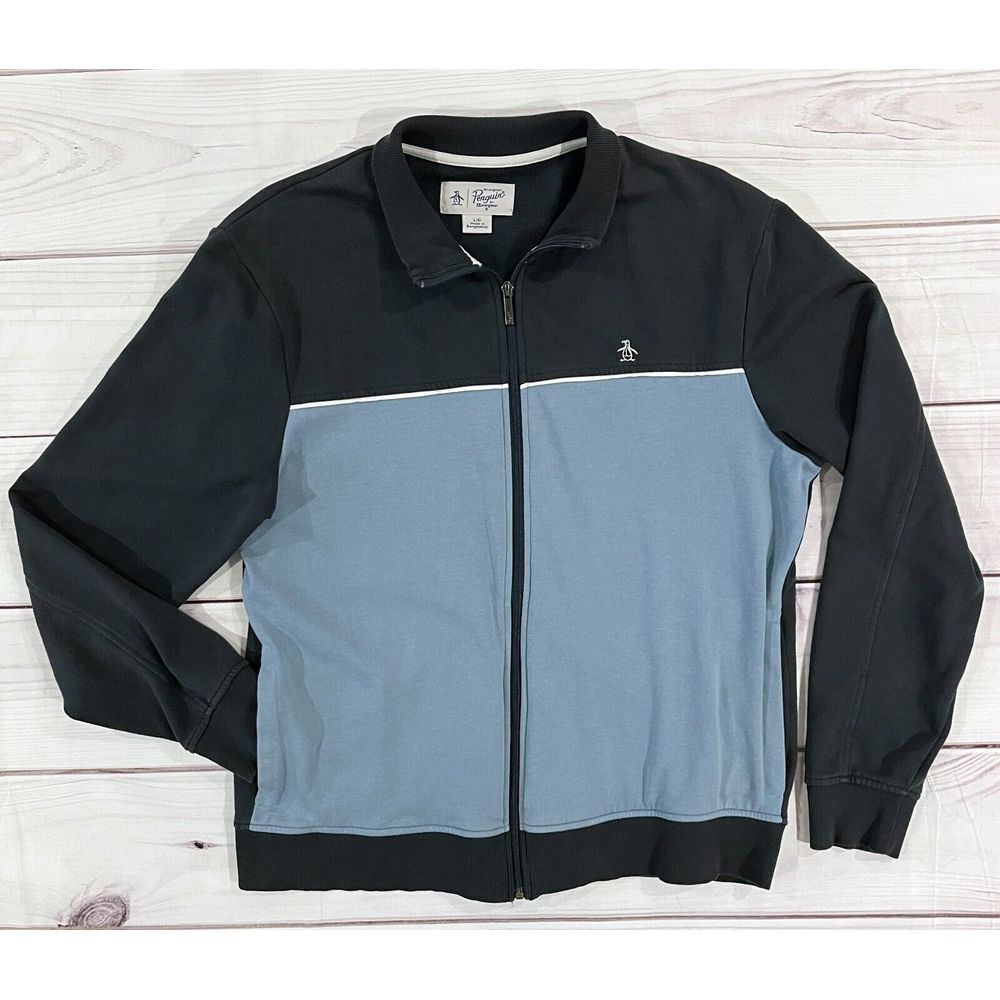 Penguin Activewear Jacket Men Large Black Blue Fleece Lined Long Sleeve Full Zip